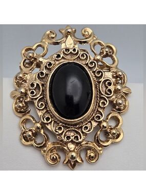 Vintage Gold-Tone Filigree Brooch Black Oval Cabochon Gothic & Victorian Style